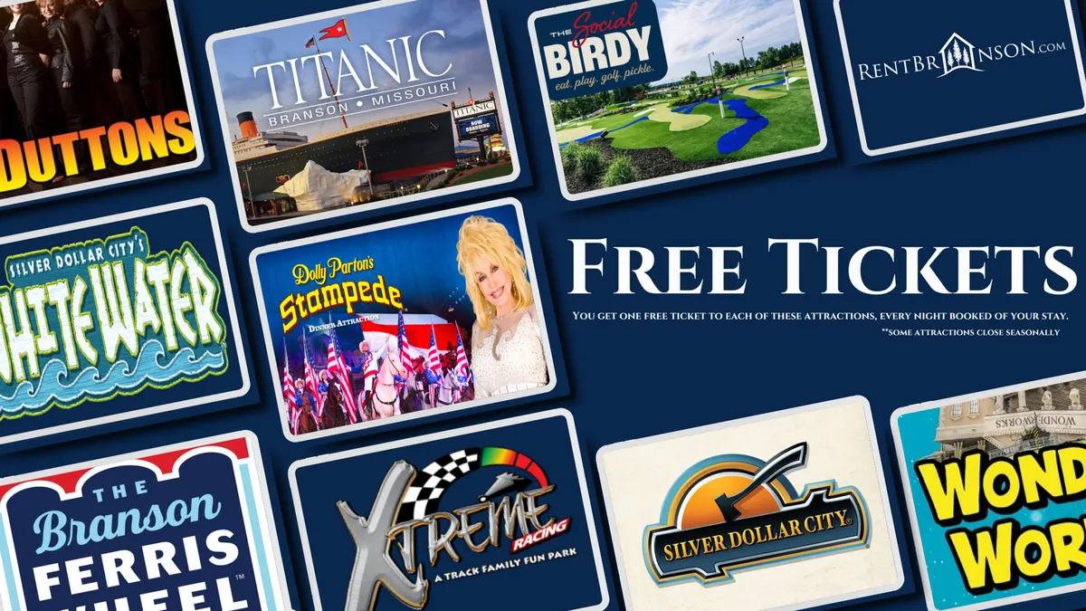 An interior scene featuring a vibrant ‘Free Tickets’ banner and logos from popular Branson attractions like Silver Dollar City and Dolly Parton's Stampede, visually representing the wealth of exciting experiences nearby.